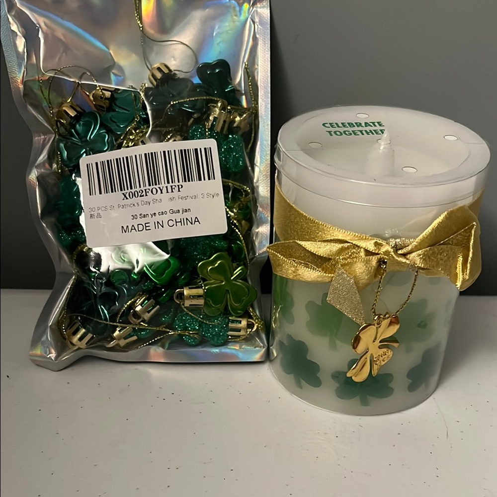 Green Shamrock Candle with Gold Accents and Shamrock ornaments